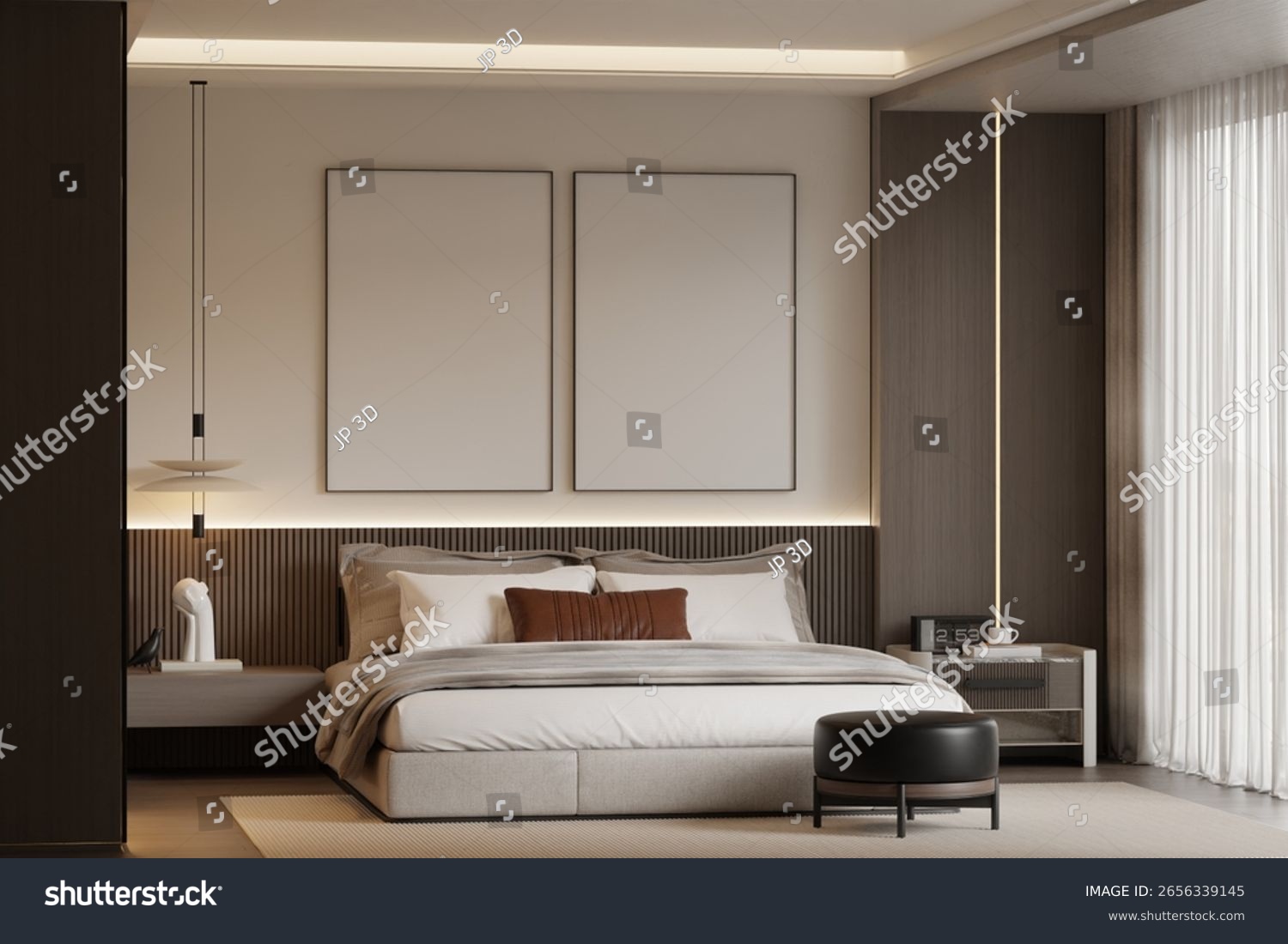 stock-photo-modern-minimalist-bedroom-interior-frame-poster-mockup-d-rendering-2656339145